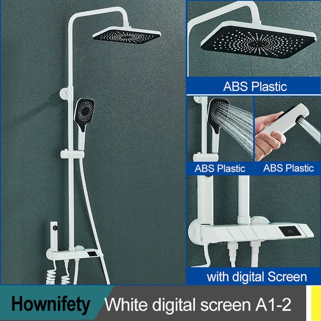 White Black Shower Faucet Set Digital Display Screen Rainfall Piano Bath Cold Hot Water Mixer Bathroom Shower Systems