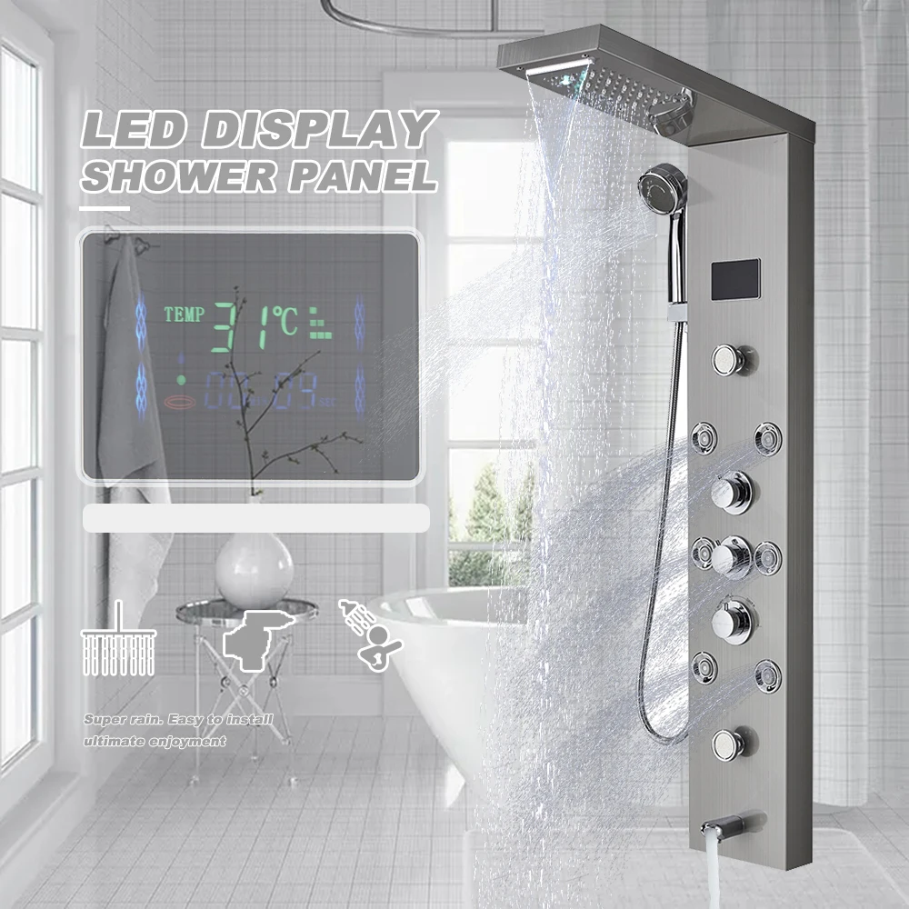 LED Shower Panel Bath Shower Faucet Temperature Digital Display Tub Faucet Body Massage System Jets Tower Shower Column Faucet
