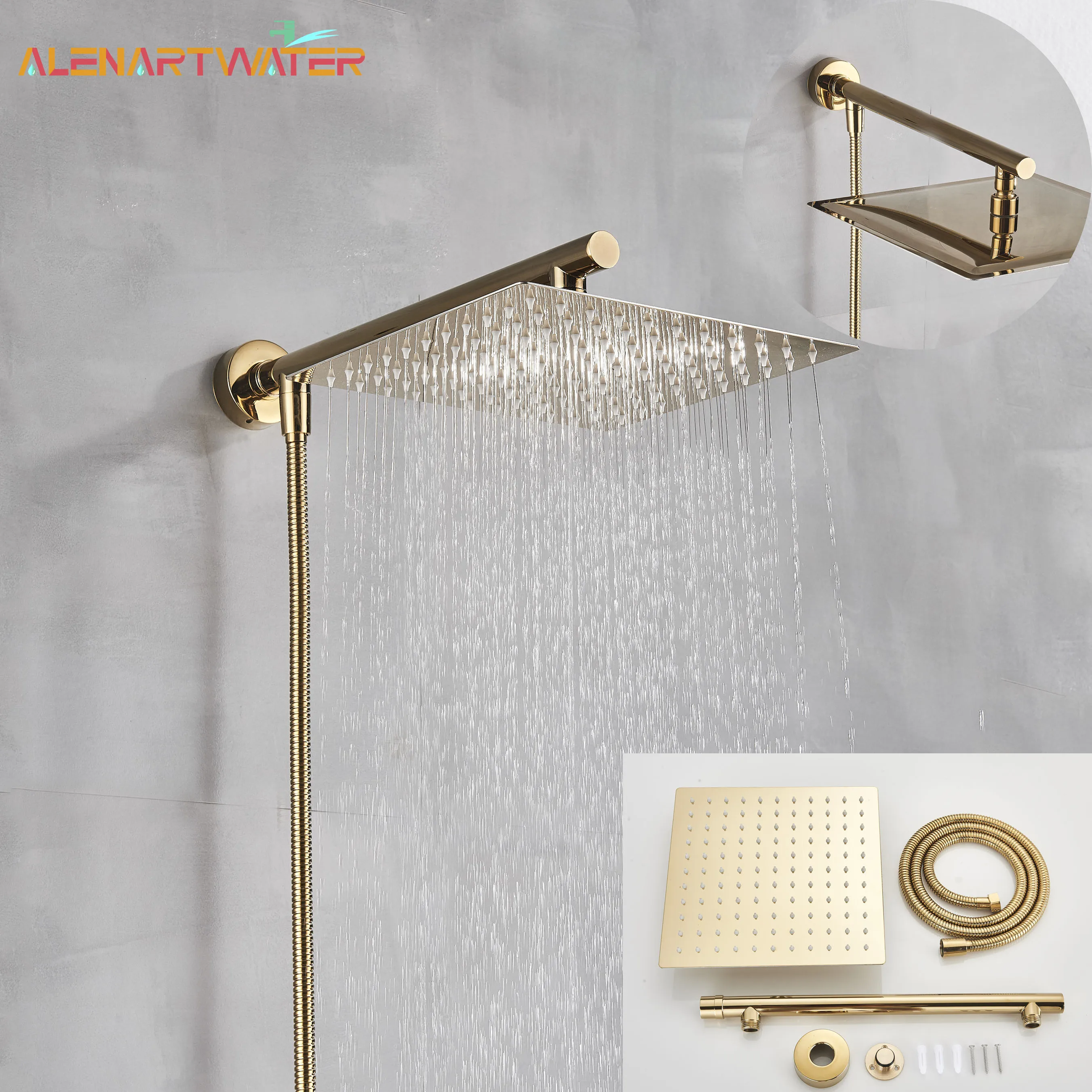 Gold /Matte Black/Chrome 10 12 Inches Square Brass Rainfall Shower Set Square Ultra-Thin Shower Head with Pole and 1.5m Hose