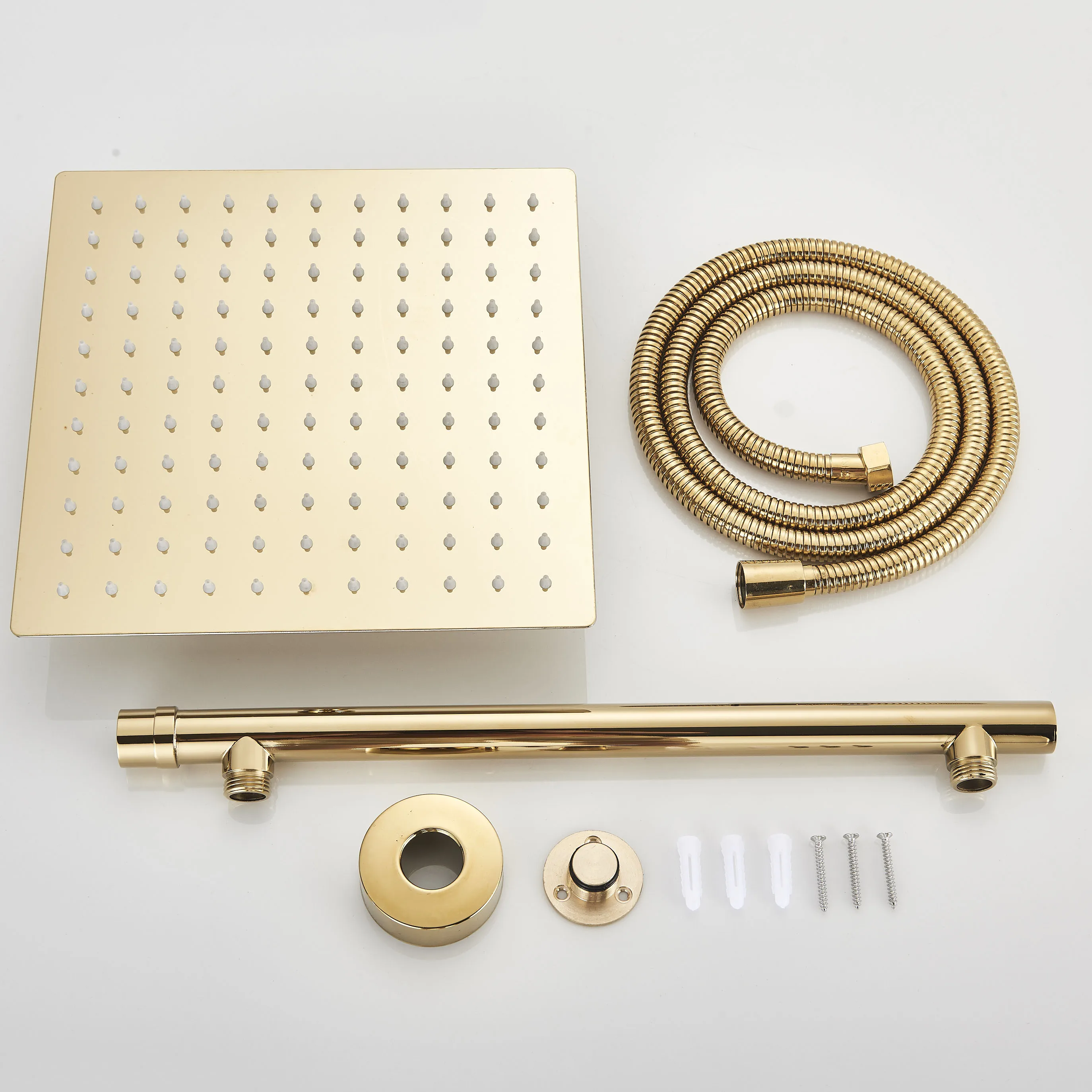 Gold /Matte Black/Chrome 10 12 Inches Square Brass Rainfall Shower Set Square Ultra-Thin Shower Head with Pole and 1.5m Hose