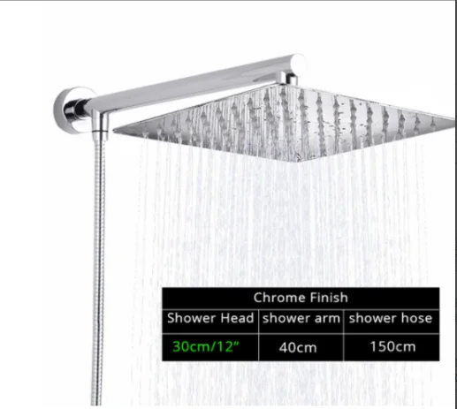 Gold /Matte Black/Chrome 10 12 Inches Square Brass Rainfall Shower Set Square Ultra-Thin Shower Head with Pole and 1.5m Hose