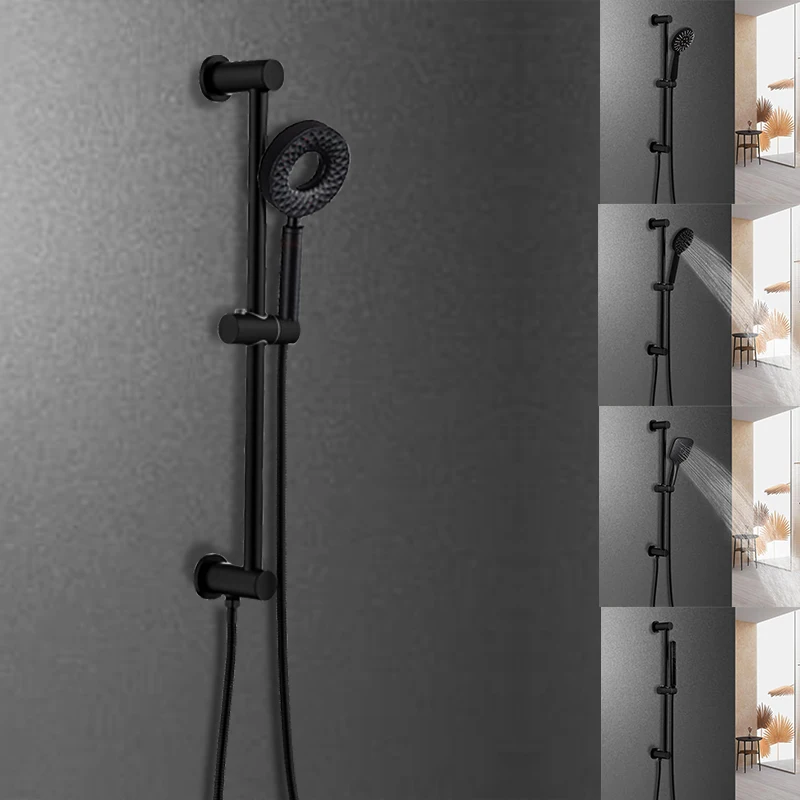 Bathroom Shower Bar Column with Water Outlet Sliding Movable Adjustable Wall Mounted with Bracket Holder Hand Set Matt Black