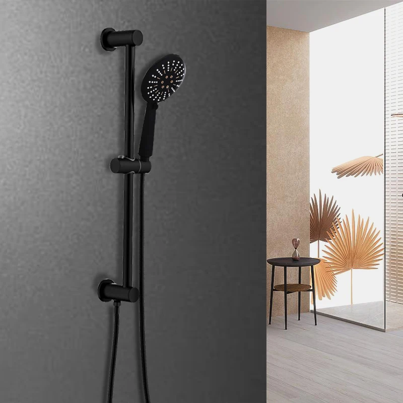 Bathroom Shower Bar Column with Water Outlet Sliding Movable Adjustable Wall Mounted with Bracket Holder Hand Set Matt Black