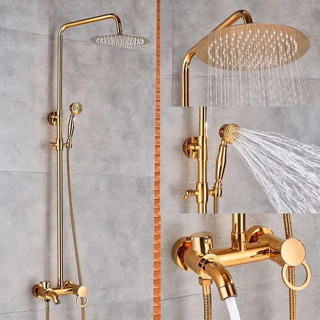 Gold Polish Bathroom Rain Shower Faucet Bath Shower Mixer Tap 8" Rainfall Head Shower Set System Bathtub Faucet Wall Mounted