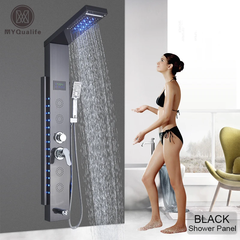 Top Design Led Shower Panel 5  Function Bathroom Shower Faucet  Wall Mounting Black Cold and Hot Shower Column