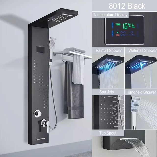 Top Design Led Shower Panel 5  Function Bathroom Shower Faucet  Wall Mounting Black Cold and Hot Shower Column