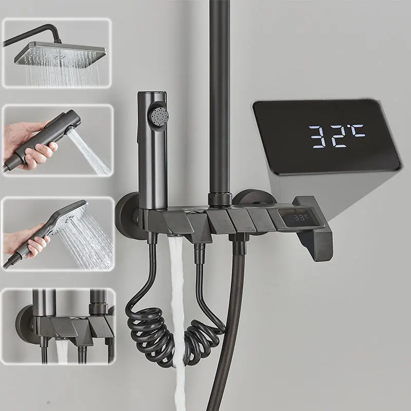 Brass Piano Smart Shower Faucet Set Bathroom Digital Display Shower Faucet Wall Mount Mixer Crane Shower Set With Bidet Sprayer
