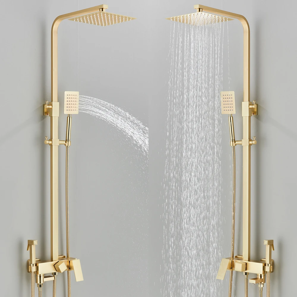 Brushed Gold Shower Faucet Wall Mounted Bathroom Shower System Kit Rainfall Shower Hot Cold Mixer 4-way with Bidet Shower Faucet