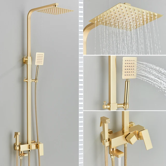 Brushed Gold Shower Faucet Wall Mounted Bathroom Shower System Kit Rainfall Shower Hot Cold Mixer 4-way with Bidet Shower Faucet