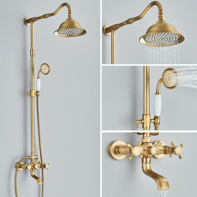 Quyanre Antique Brass Shower Faucets Wall Mount Rainfall Shower With Handshower Swivel Tub Spout Retro Shower Mixer Tap For Bath