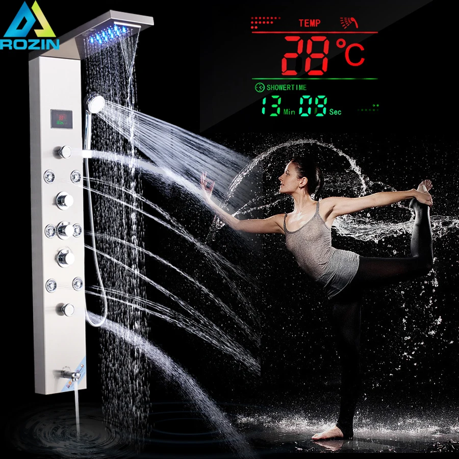 Luxury LED Shower Column Faucet Brushed Nickel SPA Massage Jet Shower Panel Tower Tap Digital Temperature Screen Bathroom Faucet