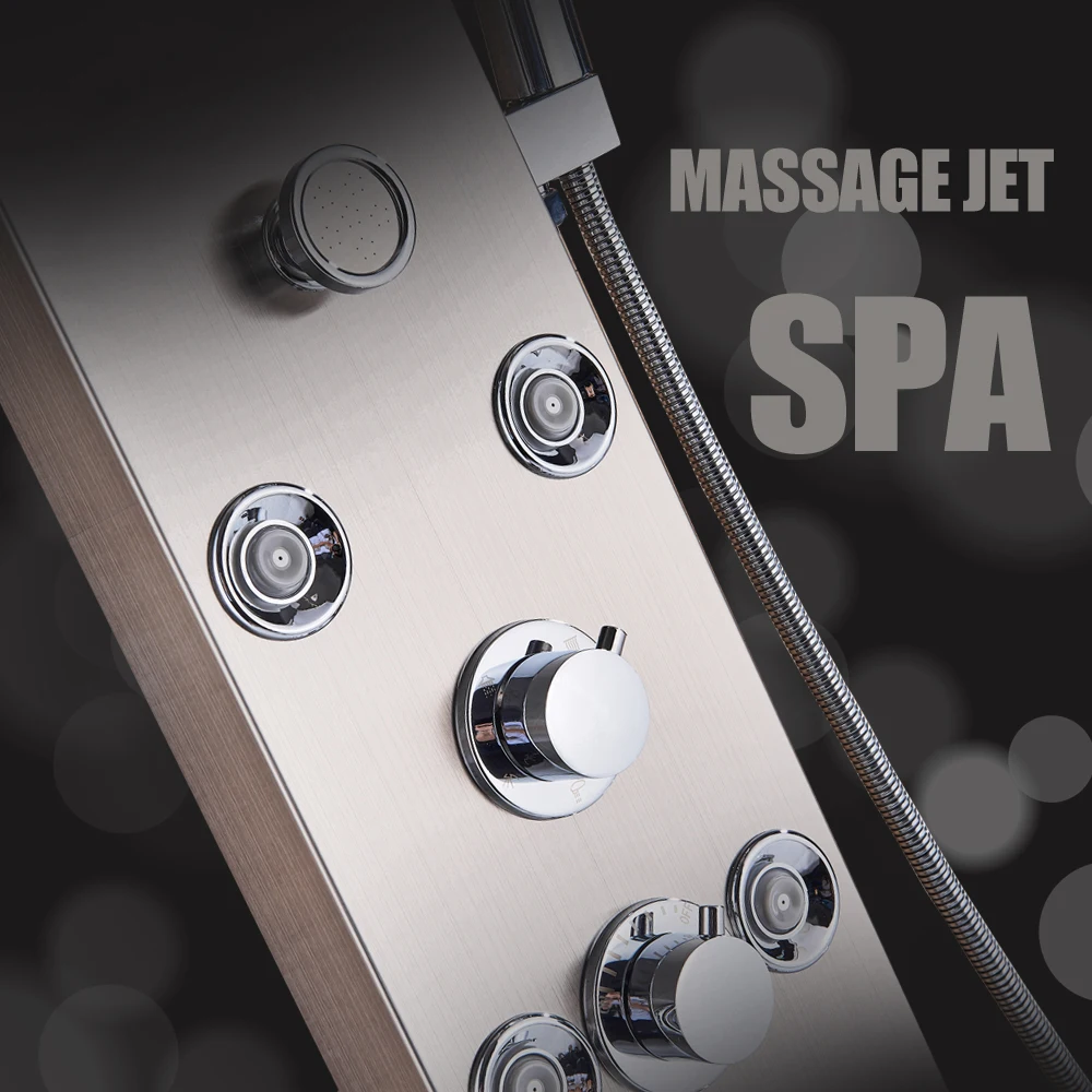 Luxury LED Shower Column Faucet Brushed Nickel SPA Massage Jet Shower Panel Tower Tap Digital Temperature Screen Bathroom Faucet