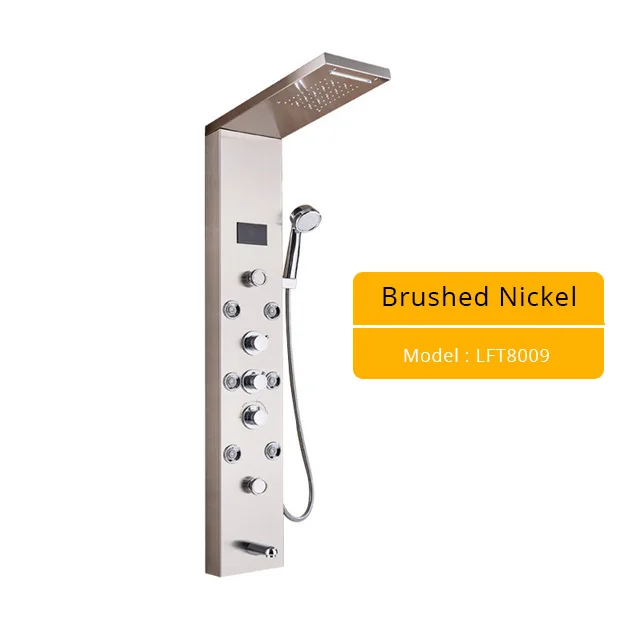 Luxury LED Shower Column Faucet Brushed Nickel SPA Massage Jet Shower Panel Tower Tap Digital Temperature Screen Bathroom Faucet