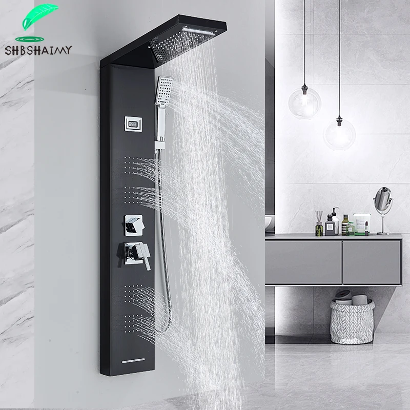 Luxury Black Shower Panel Wall Mounted Shower Column for Bath with Digital Display 5-Function Waterfall and Rainfall Shower head