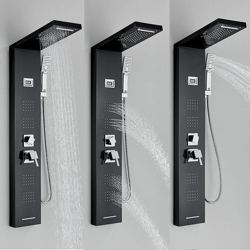 Luxury Black Shower Panel Wall Mounted Shower Column for Bath with Digital Display 5-Function Waterfall and Rainfall Shower head