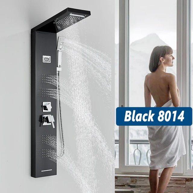 Luxury Black Shower Panel Wall Mounted Shower Column for Bath with Digital Display 5-Function Waterfall and Rainfall Shower head