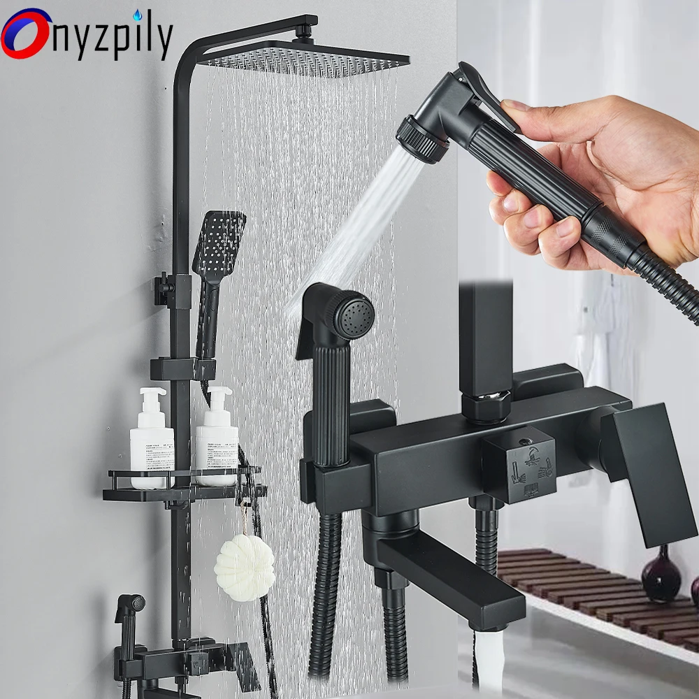 Black Shower Faucet Set Rainfall 3/4-way Bathtub Tap With Bathroom Shelf Height Adjust Brass Mixer Crane Hot Cold Water Systems
