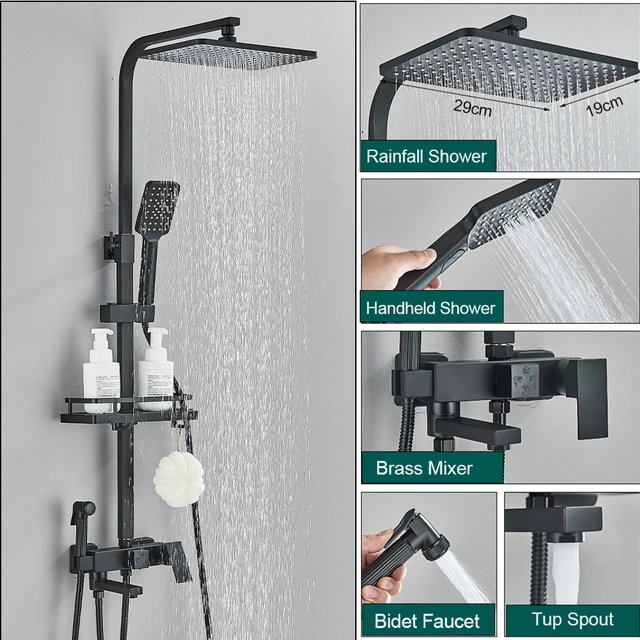 Black Shower Faucet Set Rainfall 3/4-way Bathtub Tap With Bathroom Shelf Height Adjust Brass Mixer Crane Hot Cold Water Systems