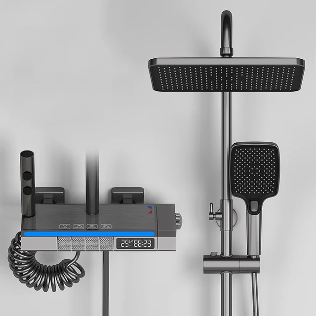 Brass Thermostatic Shower Faucet Bathroom Faucet Shower System Rain Shower Set Digital Display Bath Faucet Waterfall Spout