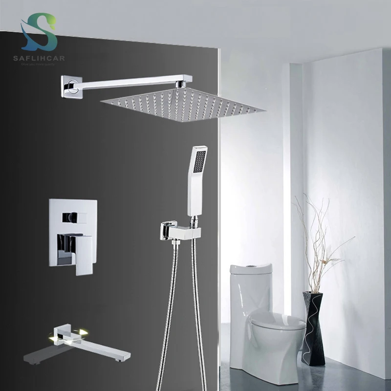 Chrome Wall Mount Rainfall Bathroom Shower Faucet Set Concealed System 16'' Head with Swivel Tub Spout 3 ways Mixer Taps