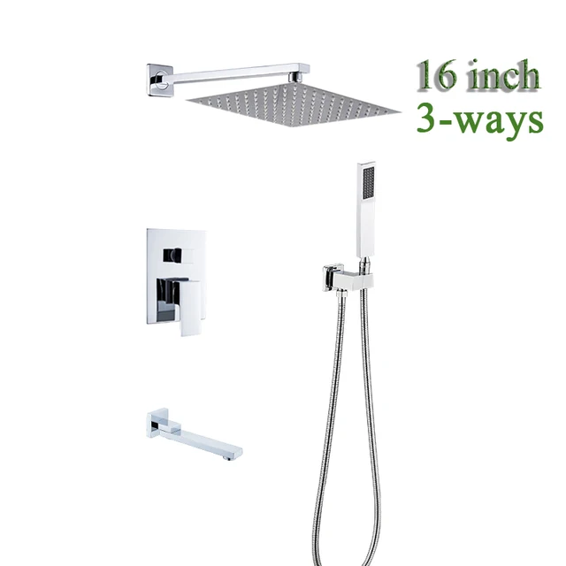 Chrome Wall Mount Rainfall Bathroom Shower Faucet Set Concealed System 16'' Head with Swivel Tub Spout 3 ways Mixer Taps