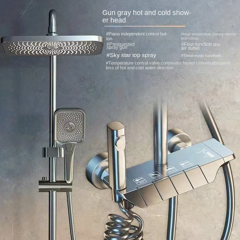 Intelligent Gun Grey Gray System Bathroom Digital Display Shower Faucet Set 4-way Rainlfall Bathroom Mixer Bidet Shower Set
