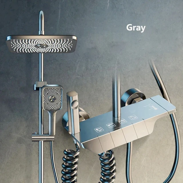 Intelligent Gun Grey Gray System Bathroom Digital Display Shower Faucet Set 4-way Rainlfall Bathroom Mixer Bidet Shower Set