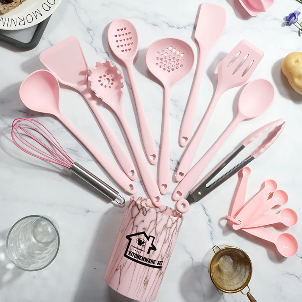 Pink 18Pcs Food Grade Silicone Kitchen Cookware Utensils Turner Spatula Measuring Spoon Practical Cooking Tool Kitchenware Set