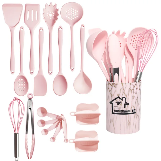 Pink 18Pcs Food Grade Silicone Kitchen Cookware Utensils Turner Spatula Measuring Spoon Practical Cooking Tool Kitchenware Set