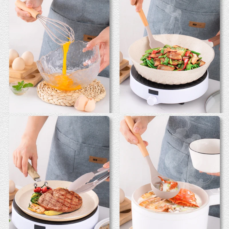 Khaki Kitchen Tools 12 Piece Silicone Spatula With Storage Bucket Wooden Handle Silicone Kitchen Set Cooking Kitchen Accessories