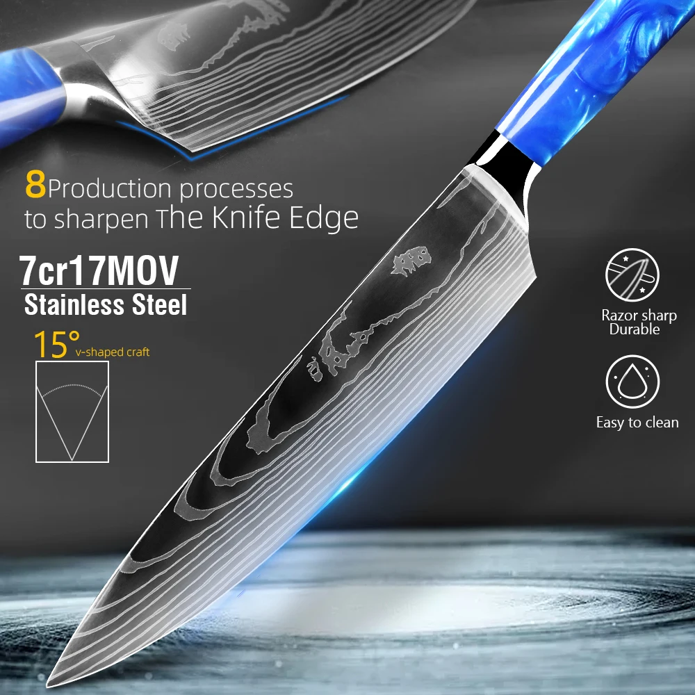 Kitchen Knives Set Chef Japanese Santoku Cleaver Slicer Utility Knife Blue Resin Handle Damascus Pattern 7CR17 440C Steel