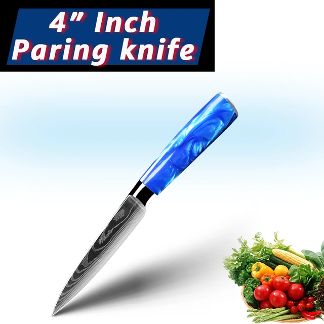 Kitchen Knives Set Chef Japanese Santoku Cleaver Slicer Utility Knife Blue Resin Handle Damascus Pattern 7CR17 440C Steel