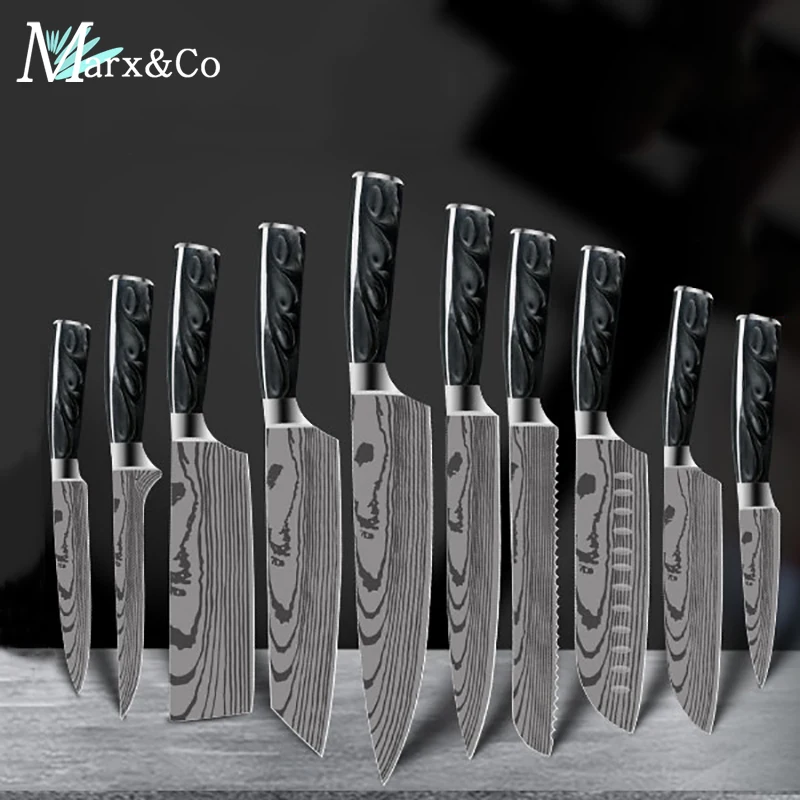 Kitchen Knives Set Japanese Santoku Knife 7CR17 Stainless Steel Pattern Chef Knife Slicing Cleaver Non-Slip Black Resin Handle