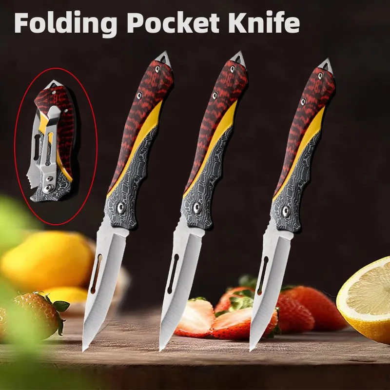 Fruit Knife Folding Pocket Knife Stainless Steel Kitchen Knife Outdoor Survival Knife with Non-slip Portable Camping Knife