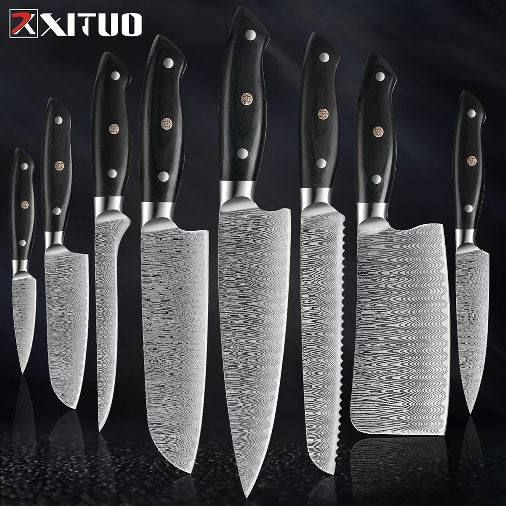 Stainless Steel Kitchen Knives Set 1-8pcs 5CR15 440C Laser Damascus Japanese Santoku Cleaver Slicing Utility Chef KnifePro