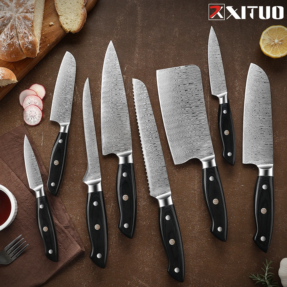 Stainless Steel Kitchen Knives Set 1-8pcs 5CR15 440C Laser Damascus Japanese Santoku Cleaver Slicing Utility Chef KnifePro