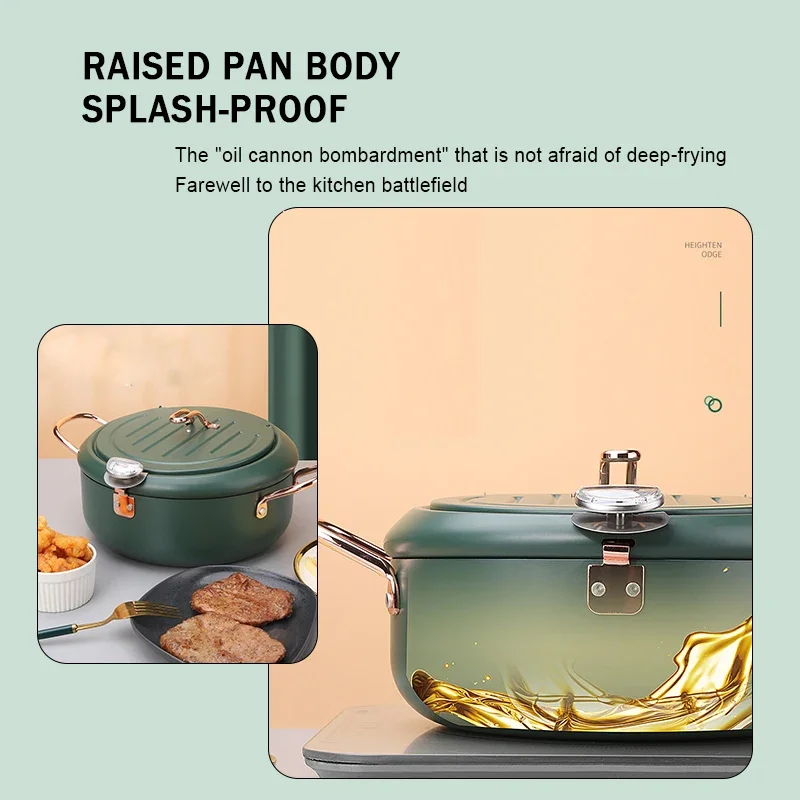 304 Stainless Steel Oil Pan Deep Frying Pot with a Thermometer and a Lid Kitchen Pan