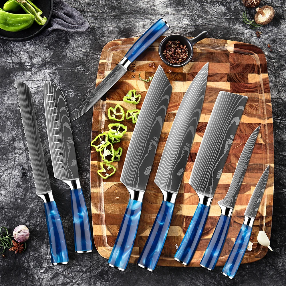 Kitchen Knife Set Japanese Chef Knives 7CR17 Stainless Steel Damascus Laser Slicing Santoku Cleaver 1-10pc Kitchen Knifes