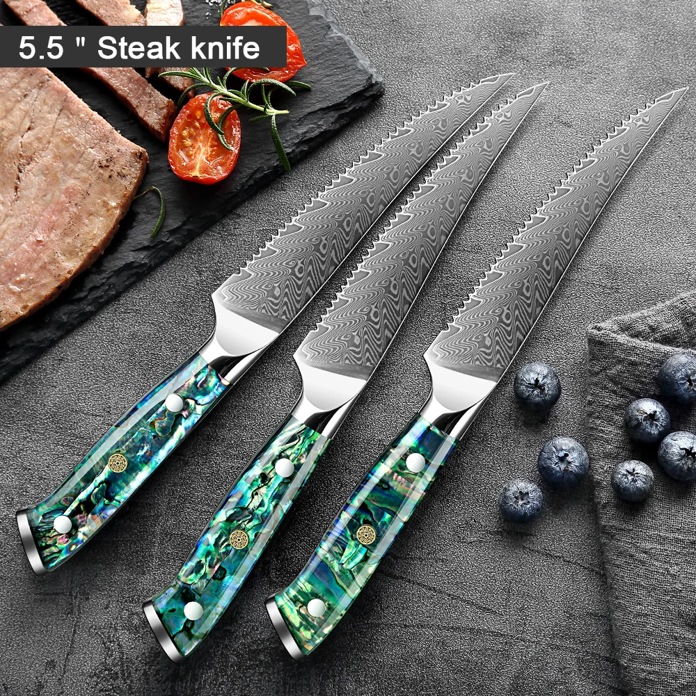 1-6 PCS Steak Knife 67 Layer Damascus Steel Serrated Sharp Blade Kitchen Practical Knives