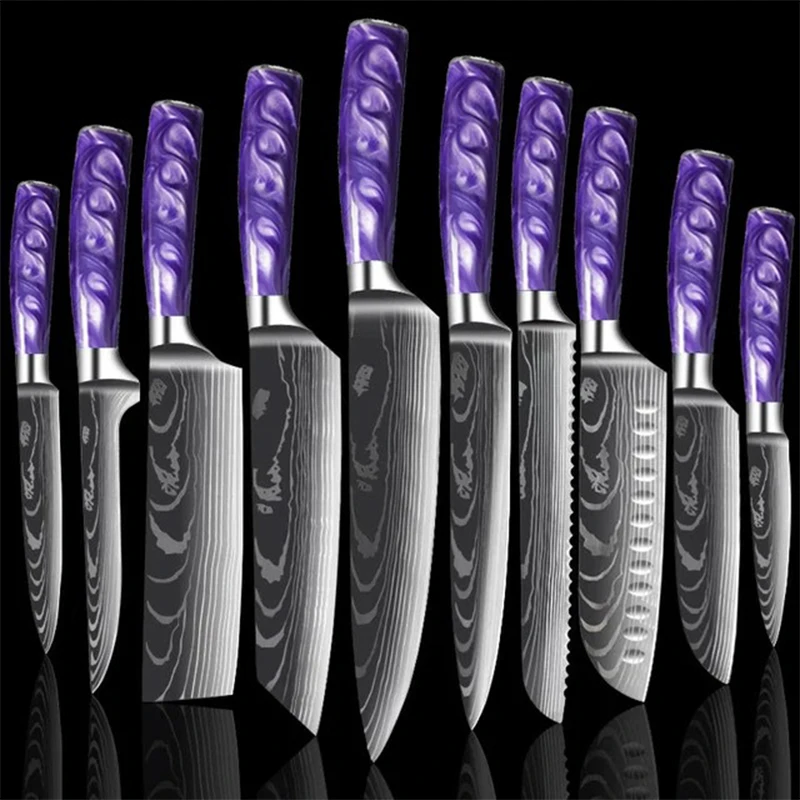 1-10 Pcs Kitchen Knives Set 4Cr13 Stainless Steel Purple Resin Handle Damascus Laser Pattern Santoku Kiritsuke Chef knife