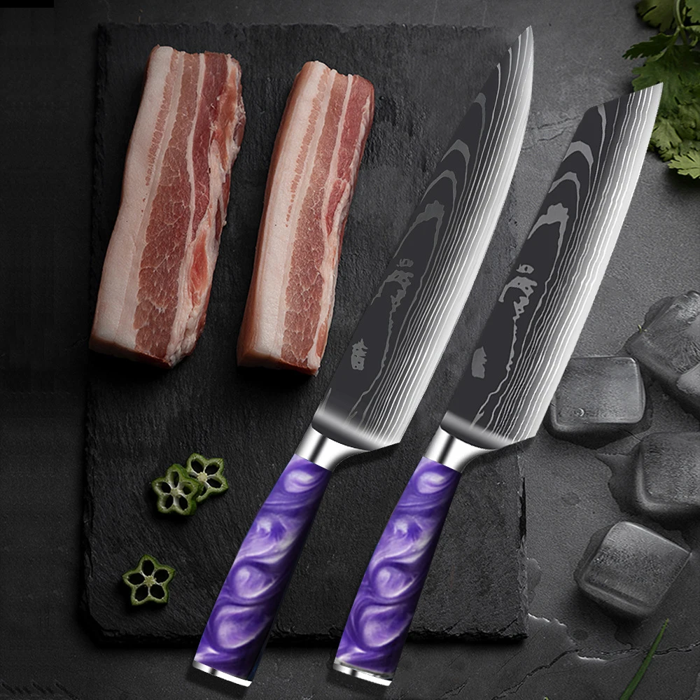 1-10 Pcs Kitchen Knives Set 4Cr13 Stainless Steel Purple Resin Handle Damascus Laser Pattern Santoku Kiritsuke Chef knife