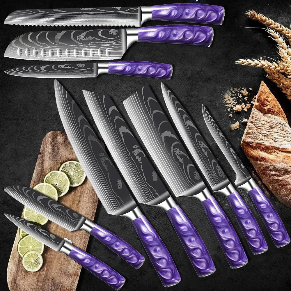 1-10 Pcs Kitchen Knives Set 4Cr13 Stainless Steel Purple Resin Handle Damascus Laser Pattern Santoku Kiritsuke Chef knife