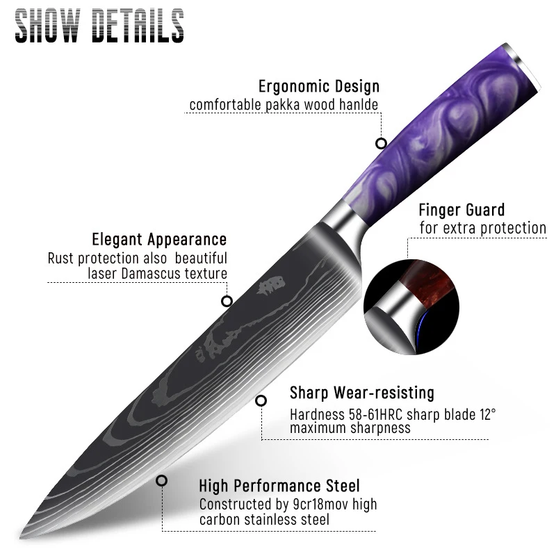 1-10 Pcs Kitchen Knives Set 4Cr13 Stainless Steel Purple Resin Handle Damascus Laser Pattern Santoku Kiritsuke Chef knife