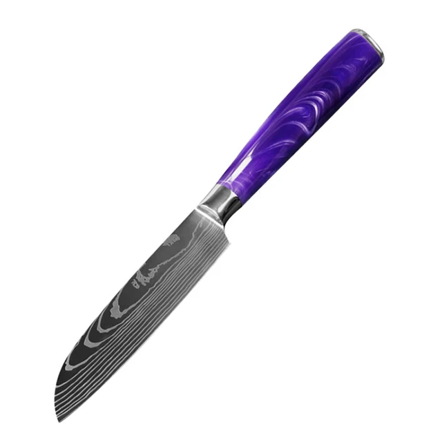 1-10 Pcs Kitchen Knives Set 4Cr13 Stainless Steel Purple Resin Handle Damascus Laser Pattern Santoku Kiritsuke Chef knife