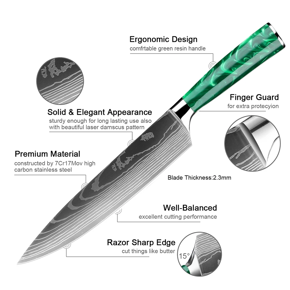 High Quality Kitchen Knives 1-10pcs Great Value Knife Set Stainless Steel Laser Damascus Pattern Green Resin Handle