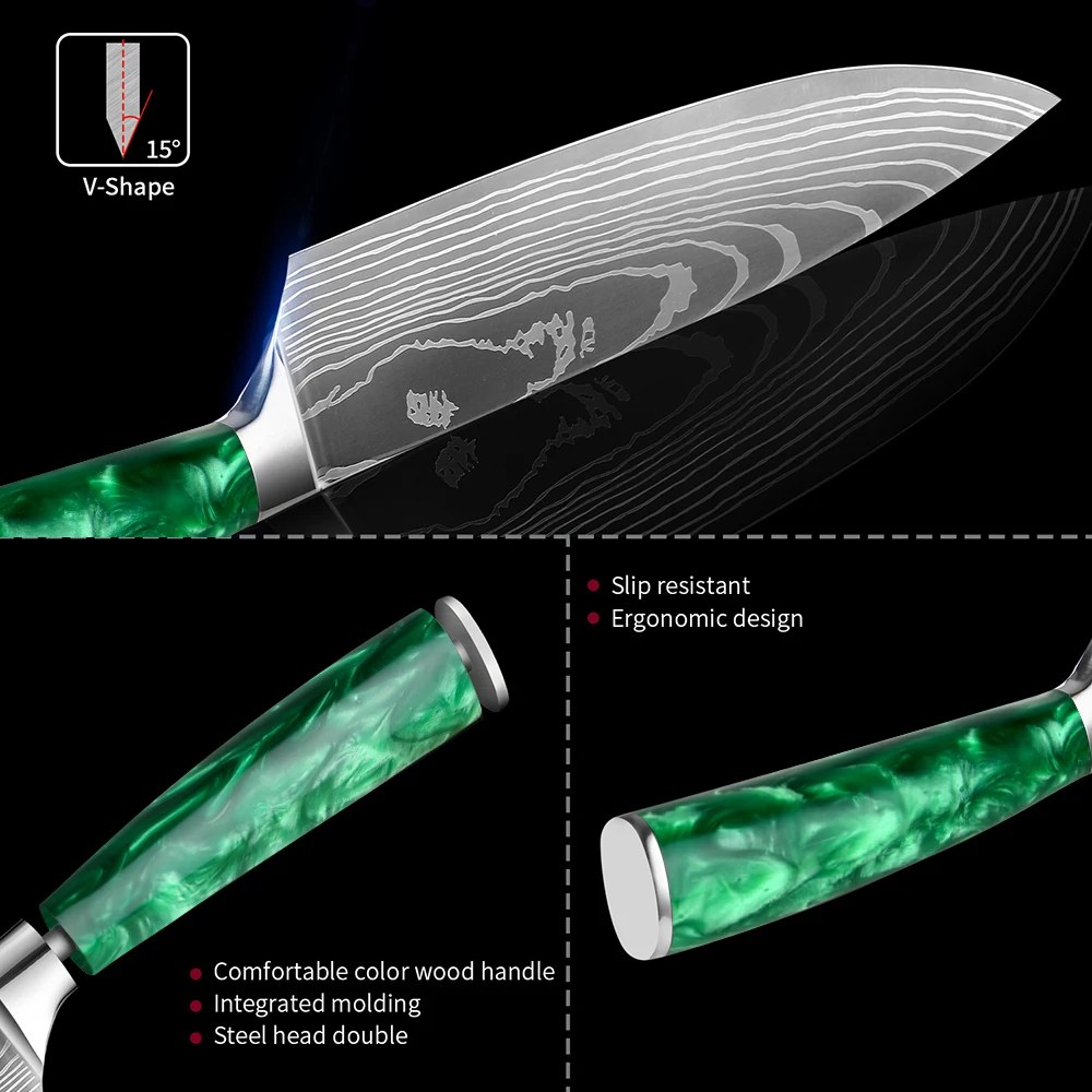 High Quality Kitchen Knives 1-10pcs Great Value Knife Set Stainless Steel Laser Damascus Pattern Green Resin Handle