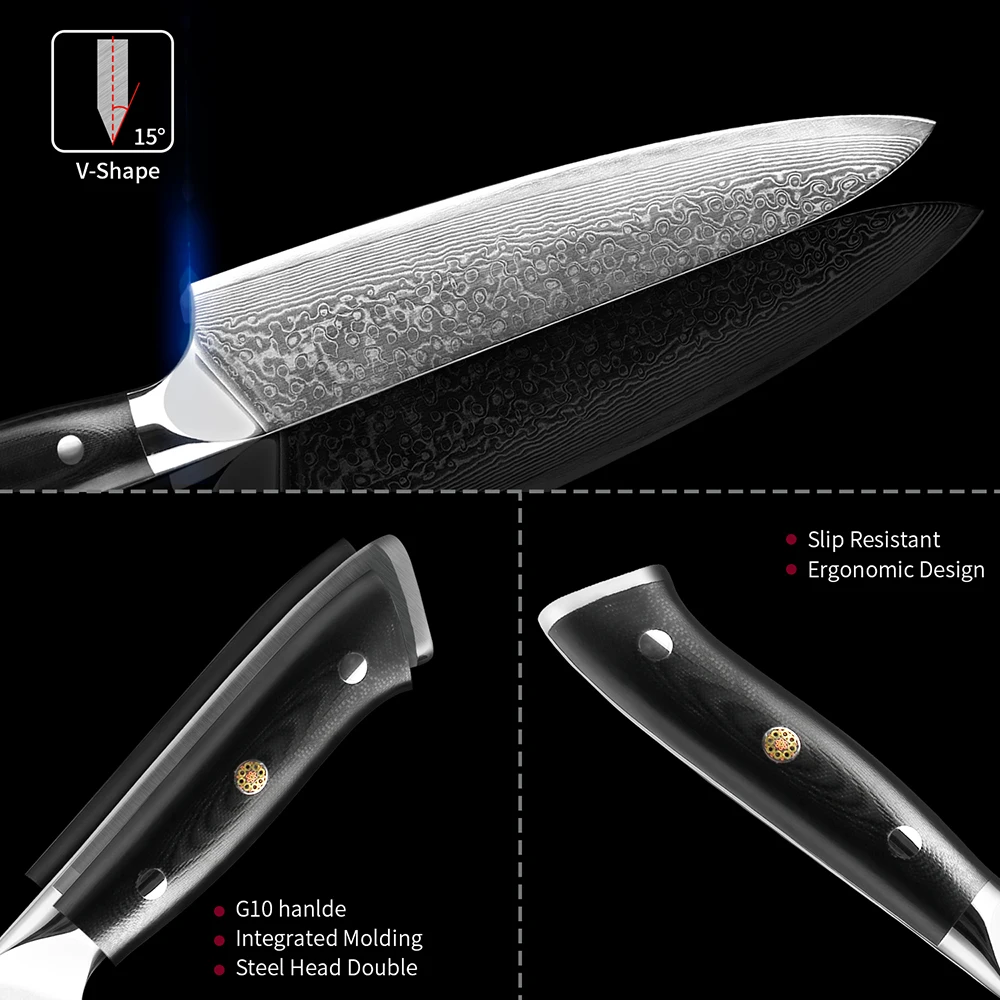 1-9Pcs Damascus knives Set G10 Handle VG10 core 67 layers Damascus steel Chef Santoku Knife Cleaver Paring Bread Knife