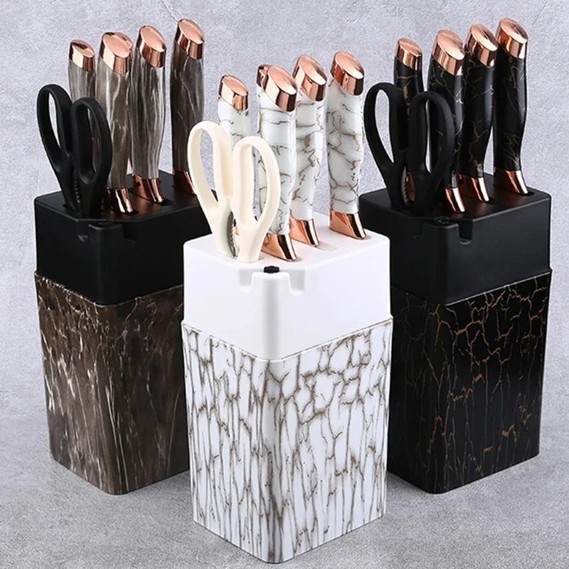 7PCS Kitchen Knife Set Kitchen Chopper Slicing Mear Chef Knife Marble Textured Handle Tool Holder with Knife Sharpener