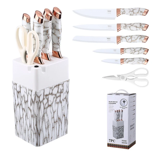 7PCS Kitchen Knife Set Kitchen Chopper Slicing Mear Chef Knife Marble Textured Handle Tool Holder with Knife Sharpener