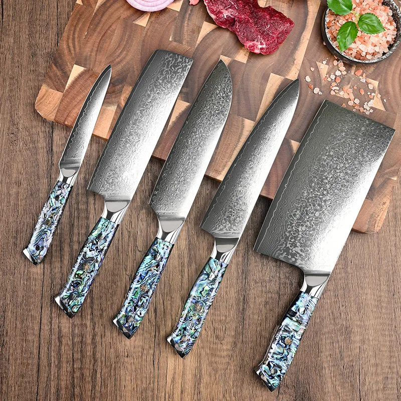 Sharp Kitchen Knives Chefs Cleaver Utility Slicing Paring Santoku Nakiri 10Cr15CoMoV Damascus Steel Knife Abalone Shell Handle